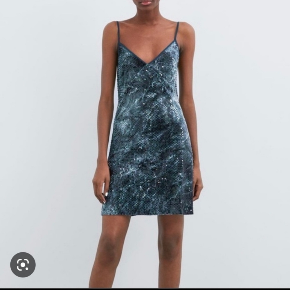 Zara Blue Sequinned Spaghetti Strap Mini Dress Size M